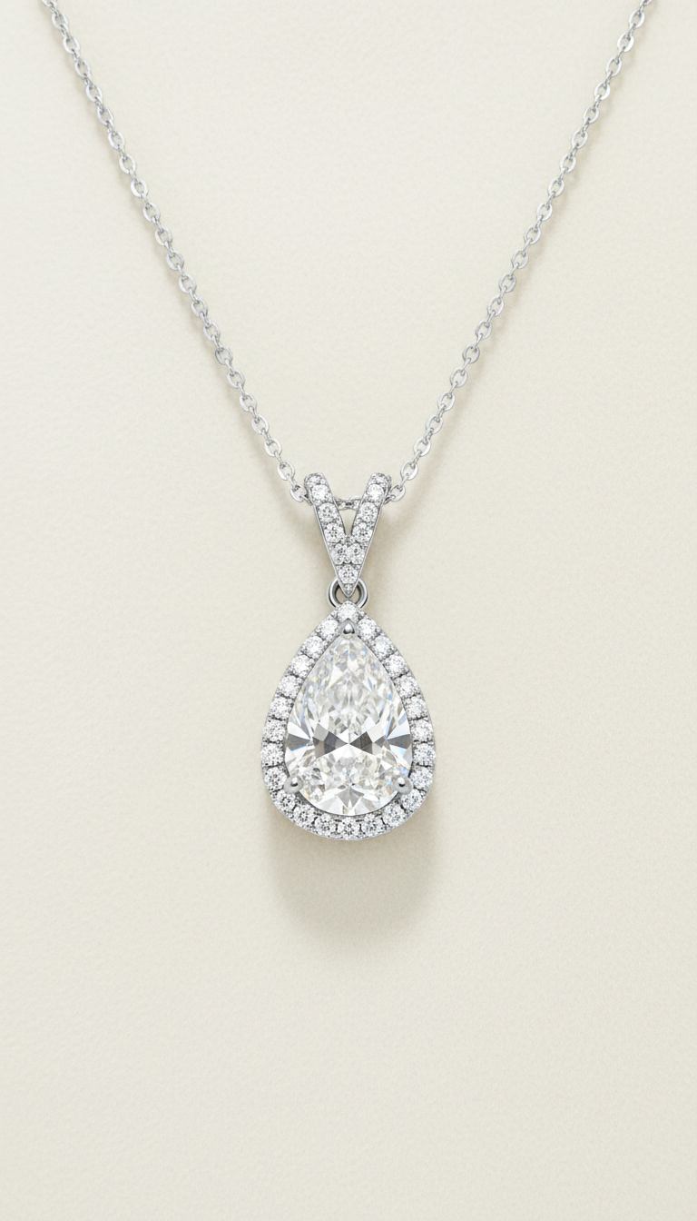 Pear Shaped Halo Diamond Pendant Necklace